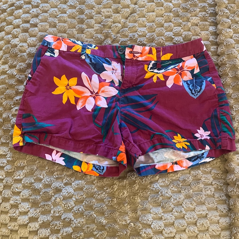 Burgundy Floral Bermudas with Distressed Hem